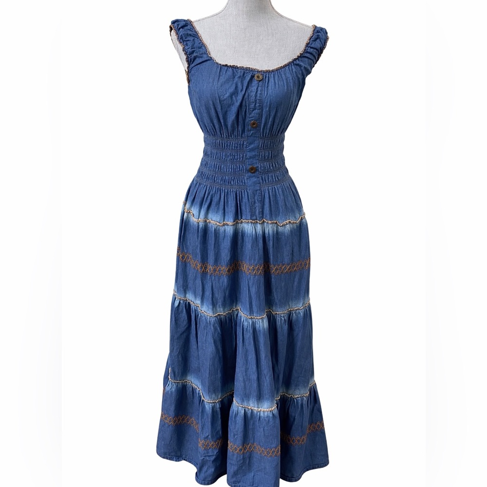 Lapis Chambray Tiered Maxi Dress Smocked Boho Prairie Large - Picture 2 of 8